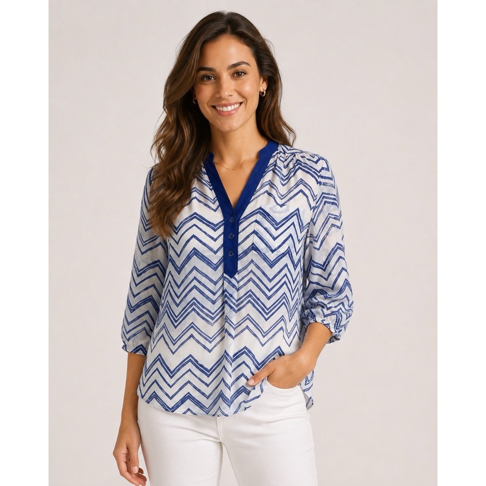 Takara Womens Blue White Chevron Printed Blouse Boho Workwear Top Small